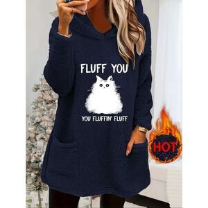 NWT XXL Navy Blue White Cat “YOU FLUFFING FLUFF Teddy Hoodie Pockets Sweatshirt